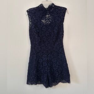 Sandro Paris Navy Lace Mock Neck Open Back Romper Size 2